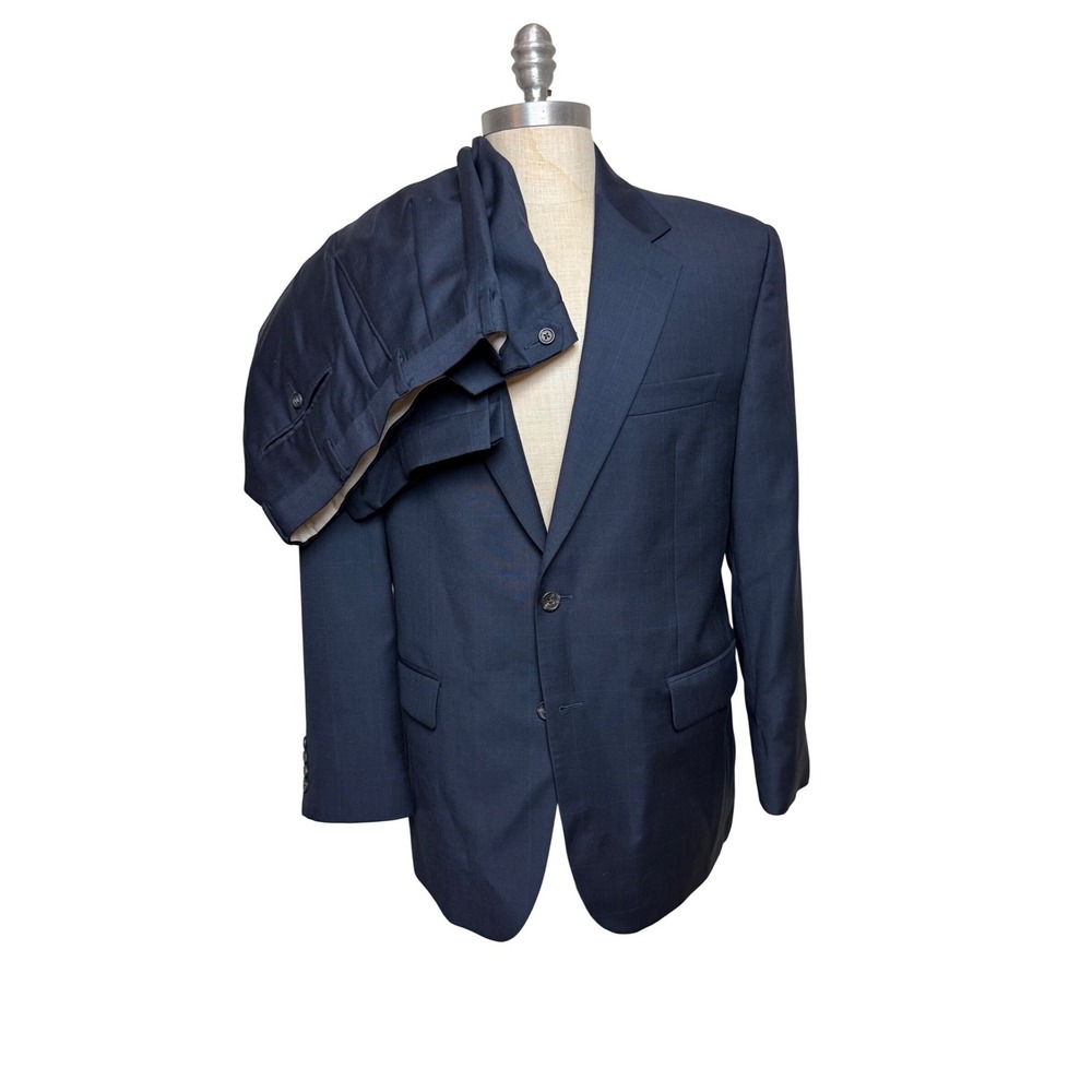 Lauren Ralph Lauren Mens Navy Blue 100% Wool Windowpane Suit 2-Button 41R